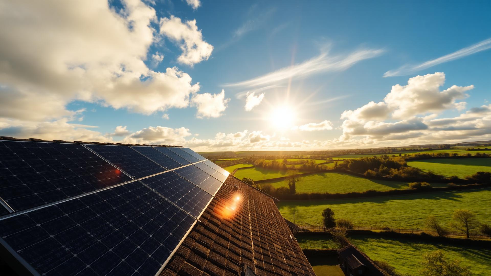 Solar panels on an Irish rooftop overlooking green countryside